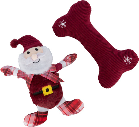 Zestaw zabawek świątecznych, dla psa, Mikołaj i kość, plusz/materiał, 30 cm