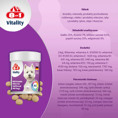 8in1 Vitality Multiwitaminy dla psów małych ras - 70tb