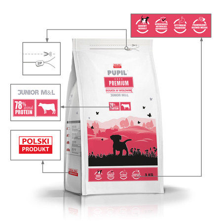 Karma sucha dla psa PUPIL Premium JUNIOR M&L bogata w wołowinę 3 kg
