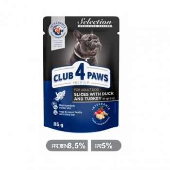 CLUB4Ł PIES sasz.85g SLICES KACZKA INDYK  w sosie  /12