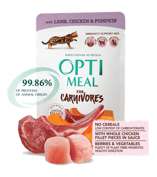 OPTIMEAL KOT sasz.85g CARNIVORES JAGNIĘ,  KURA, DYNIA w galaretce