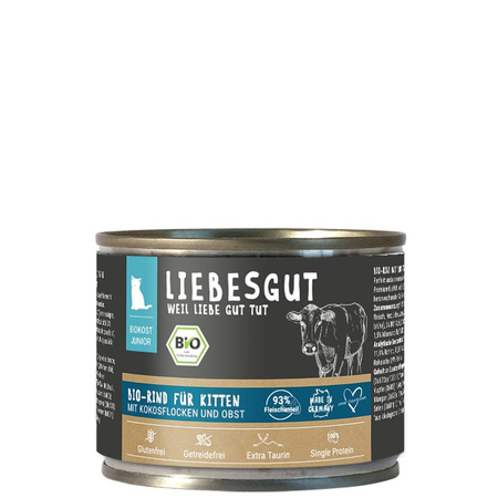 LIEBESGUT Junior Bio Rind - wołowina z płatkami kokosowymi ekologiczna mokra karma dla kociąt (200g)