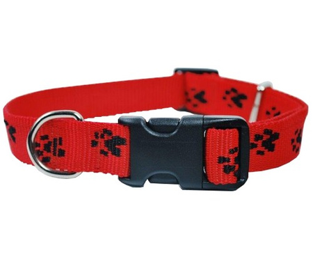 CHABA Obroża taśma regulowana 16 czerwona w czarne łapki