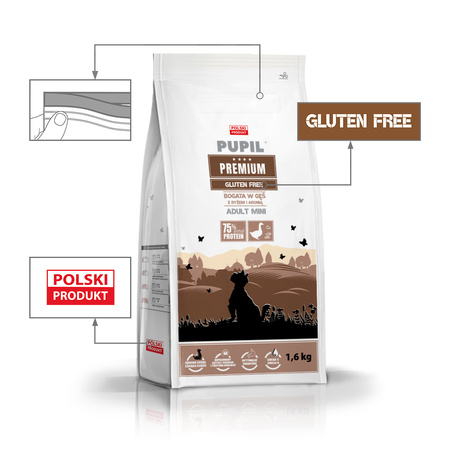 Karma sucha dla psa PUPIL Premium MINI bogata w gęś z ryżem i aronią 1,6 kg