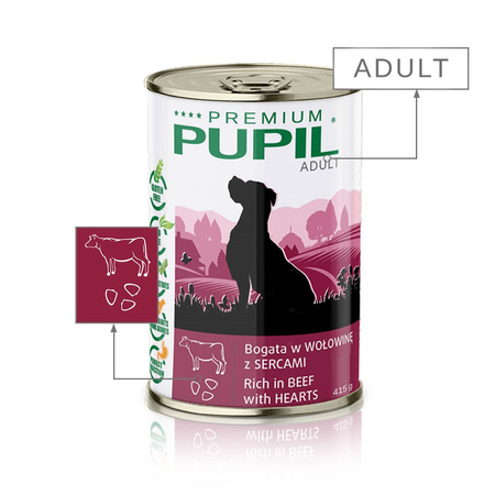 Karma mokra dla psa PUPIL Premium bogata w wołowinę z sercami 415 g