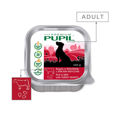 Karma mokra dla psa PUPIL Premium szalka bogata w wołowinę z sercami indyczymi 150 g