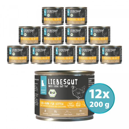 LIEBESGUT Junior Bio Huhn - kurczak z płatkami kokosowymi ekologiczna mokra karma dla kociąt (200g)