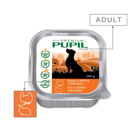 Karma mokra dla psa PUPIL Premium szalka bogata w indyka z królikiem 150 g