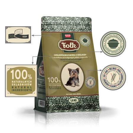Karma sucha dla psa FOLK MINI Wielkopolska kaczka z królikiem z dodatkiem aromatycznych jabłek i majeranku 1,6 kg