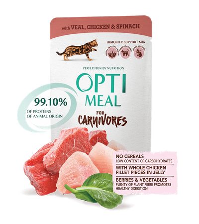 OPTIMEAL KOT sasz.85g CARNIVORES CIELĘ,  KURA, SZPINAK w sosie /12